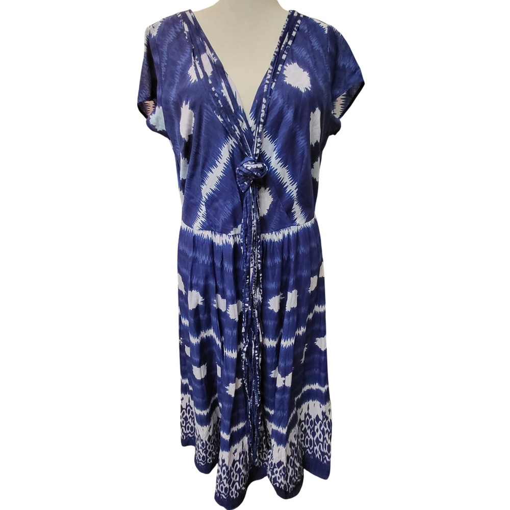 Ashro Blue White Ikat Cotton Maxi Dress V-Neck Smocked Back Size 18 Summer Boho